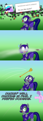 Size: 1148x3206 | Tagged: safe, artist:ladyanidraws, character:diamond tiara, oc, oc:pun, species:earth pony, species:pony, ask pun, agent 707, armor, ask, comic, female, knife, mare, night guard armor, scepter, twilight scepter