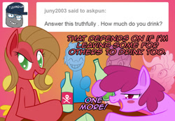 Size: 1148x800 | Tagged: safe, artist:ladyanidraws, character:berry punch, character:berryshine, oc, oc:pun, species:earth pony, species:pony, ask pun, ask, bottle, female, mare