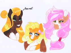 Size: 3924x2920 | Tagged: safe, artist:frozensoulpony, oc, oc only, oc:canary, oc:honey humble, oc:miss muppet, parent:fluttershy, parent:trouble shoes, parents:troubleshy, species:earth pony, species:pegasus, species:pony, female, mare, offspring, traditional art