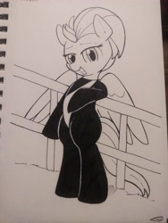 Size: 3120x4160 | Tagged: safe, artist:taurson, character:lightning dust, species:pony, inktober, bipedal, clothing, female, monochrome, solo, traditional art, uniform, washouts uniform