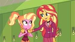 Size: 4000x2250 | Tagged: safe, artist:orin331, character:luster dawn, character:sunset shimmer, my little pony:equestria girls, canterlot high, clothing, equestria girls-ified, fake screencap, female, geode of empathy, lockers, magical geodes, older, older sunset, open mouth, principal, principal and student, principal shimmer, show accurate
