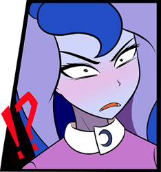 Size: 460x492 | Tagged: safe, artist:pshyzomancer, editor:slayerbvc, character:princess luna, character:vice principal luna, comic:public wallflower, my little pony:equestria girls, blushing, bust, comic, confused, cropped, exclamation point, explicit series, explicit source, female, interrobang, luna is not amused, nani, question mark, reaction image, shrunken pupils, solo, unamused, vice principal luna, wat