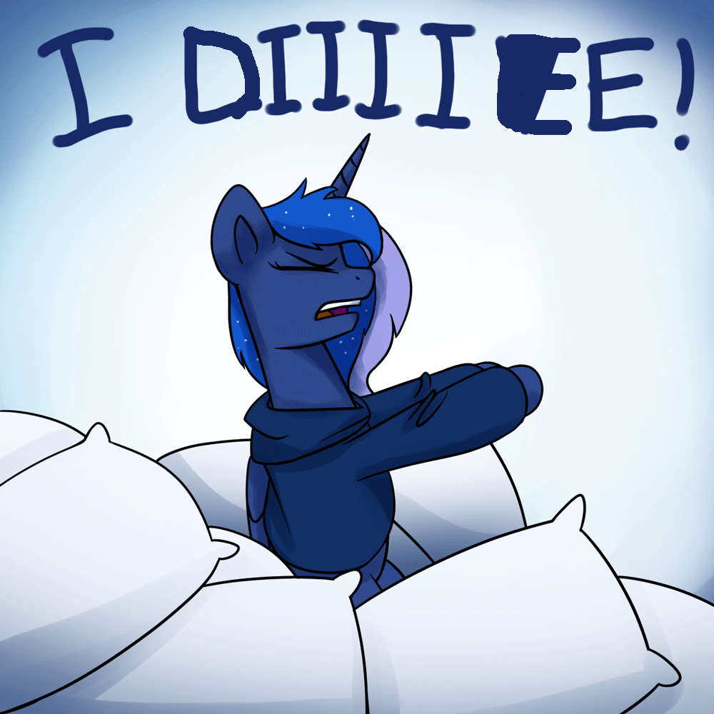 Size: 1000x1000 | Tagged: safe, artist:anticular, edit, character:princess luna, species:alicorn, species:pony, 1000 years in photoshop, animated, clothing, death, dialogue, eyes closed, female, hoodie, mare, open mouth, pillow, sitting, solo, sweater, talking