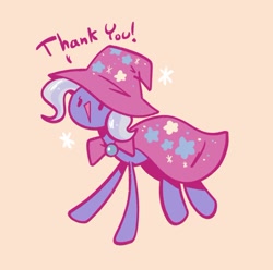 Size: 916x907 | Tagged: safe, artist:typhwosion, character:trixie, species:pony, species:unicorn, cape, clothing, dialogue, female, hat, orange background, simple background, solo, sparkles, thank you, trixie's cape, trixie's hat
