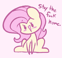 Size: 636x600 | Tagged: safe, artist:typhwosion, character:fluttershy, species:pegasus, species:pony, blushing, coronavirus, covid-19, cute, dialogue, dissonant caption, female, pink background, simple background, sitting, solo, stay at home, subversive kawaii, swearyshy, text, vulgar