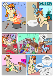 Size: 5656x8000 | Tagged: safe, artist:rinikka, oc, oc only, oc:honeycrisp, species:earth pony, species:pony, comic:a safe place for us, comic, fire, sleeping, working