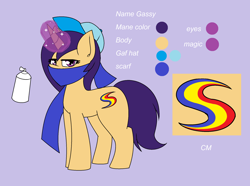 Size: 2260x1680 | Tagged: safe, artist:pencil bolt, oc, oc:gassy, species:pony, species:unicorn, clothing, female, hat, reference sheet, solo, spray paint