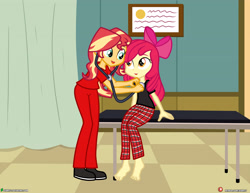 Size: 4000x3090 | Tagged: safe, artist:dieart77, character:apple bloom, character:sunset shimmer, my little pony:equestria girls, apple bloom's bow, barefoot, bow, clothing, commission, doctor's office, feet, hair bow, nurse, nurse shimmer, open mouth, pants, scrubs (gear), shoes, sitting, stethoscope, table