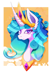 Size: 1358x1920 | Tagged: safe, artist:rariedash, character:princess celestia, species:pony, abstract background, bust, crown, ear fluff, female, jewelry, looking at you, mare, portrait, regalia, solo