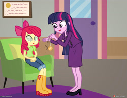 Size: 4000x3090 | Tagged: safe, artist:dieart77, character:apple bloom, character:twilight sparkle, my little pony:equestria girls, boots, chair, clothing, commission, high heels, hypnosis, hypnotherapy, hypnotized, open mouth, pendulum swing, psychologist, shoes, sitting, swirly eyes