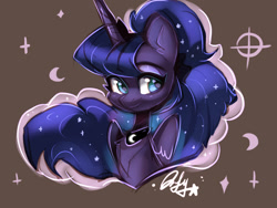 Size: 1600x1200 | Tagged: safe, artist:oofycolorful, character:princess luna, species:alicorn, species:pony, brown background, bust, chest fluff, crescent moon, cute, ear fluff, female, lunabetes, mare, moon, simple background, solo, starry eyes, wingding eyes