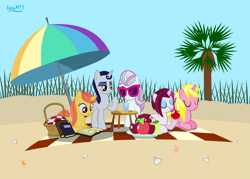 Size: 4751x3408 | Tagged: safe, artist:ironm17, character:cayenne, character:citrus blush, character:moonlight raven, character:north point, character:sunshine smiles, species:pony, absurd resolution, basket, beach, beach umbrella, picnic basket, picnic blanket, prone, vector