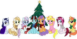 Size: 4622x2342 | Tagged: safe, artist:ironm17, character:cayenne, character:citrus blush, character:moonlight raven, character:north point, character:pretzel twist, character:say cheese, character:sunshine smiles, character:sweet biscuit, species:pony, christmas, christmas tree, clothing, earmuffs, high res, holiday, scarf, simple background, transparent background, tree, vector, winter clothes, winter outfit