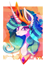 Size: 1358x1920 | Tagged: safe, alternate version, artist:rariedash, character:princess celestia, species:alicorn, species:pony, abstract background, bust, crown, ear fluff, female, jewelry, mare, peytral, portrait, regalia, smiling, solo