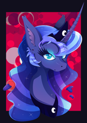 Size: 1358x1920 | Tagged: safe, artist:rariedash, character:princess luna, species:alicorn, species:pony, abstract background, bust, crown, ear piercing, ethereal mane, female, jewelry, mare, peytral, piercing, portrait, regalia, solo