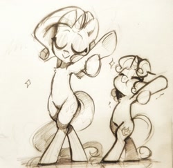 Size: 2048x1990 | Tagged: safe, artist:oofycolorful, character:rarity, character:sweetie belle, species:pony, species:unicorn, belle sisters, bipedal, cute, diasweetes, eyes closed, female, grayscale, monochrome, pencil drawing, raribetes, siblings, simple background, sisters, sparkles, stretching, traditional art, white background