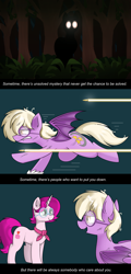 Size: 1864x3872 | Tagged: safe, artist:pencil bolt, oc, oc only, oc:pinkfull night, oc:ruby radiance, species:bat pony, species:pony, species:unicorn, bat pony oc, bat wings, broken glass, bullet, chase, comic, fangs, female, forest, glasses, glowing eyes, gritted teeth, hunted, looking at each other, looking at you, mare, messy mane, reassurance, running, scratches, shadow, slit eyes, staring at you, teenager, wings