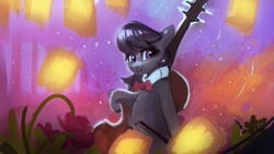 Size: 1920x1080 | Tagged: safe, artist:hierozaki, character:octavia melody, species:earth pony, species:pony, bipedal, cello, female, flower, lantern, mare, musical instrument, semi-anthro, solo
