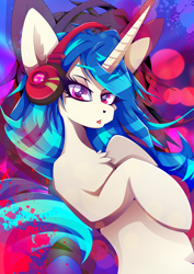 Size: 1358x1920 | Tagged: safe, artist:rariedash, character:dj pon-3, character:vinyl scratch, species:pony, species:unicorn, chest fluff, female, headphones, looking at you, mare, solo, splatter