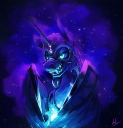 Size: 1255x1298 | Tagged: safe, artist:anticular, character:nightmare moon, character:princess luna, species:alicorn, species:pony, fangs, female, horn, horn jewelry, jewelry, long ears, looking at you, mare, sharp teeth, solo, teeth