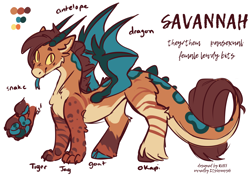 Size: 4198x2946 | Tagged: safe, artist:ruef, oc, oc:savannah, species:draconequus, bat wings, horns, markings, nonbinary, paws, reference sheet, solo, wings