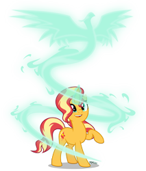 Size: 4000x4705 | Tagged: safe, artist:orin331, character:sunset shimmer, species:phoenix, species:pony, species:unicorn, absurd resolution, cute, female, glowing horn, horn, looking up, magic, mare, open mouth, raised hoof, shimmerbetes, simple background, smiling, spirit, transparent background