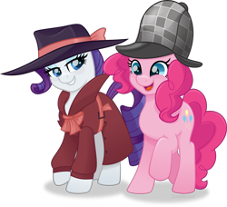 Size: 4390x4000 | Tagged: safe, artist:limedazzle, character:pinkie pie, character:rarity, species:pony, absurd resolution, clothing, deerstalker, detective, detective rarity, fedora, hat, movie accurate, shadow spade, sherlock holmes, simple background, transparent background
