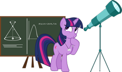Size: 4671x2756 | Tagged: safe, artist:ironm17, character:twilight sparkle, character:twilight sparkle (unicorn), species:pony, species:unicorn, astronomy, chalkboard, female, grin, high res, hoof on chin, looking sideways, mare, simple background, smiling, solo, telescope, transparent background, vector