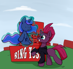 Size: 1954x1842 | Tagged: safe, artist:taurson, character:fizzlepop berrytwist, character:princess luna, character:tempest shadow, species:pony, clothing, luna plushie, magic, plushie, ring toss, shirt