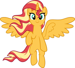 Size: 4000x3638 | Tagged: safe, artist:orin331, character:sunset shimmer, species:alicorn, species:pony, absurd resolution, alicornified, floating, looking at you, race swap, raised hoof, shimmercorn, simple background, smiling, transparent background, vector, windswept mane