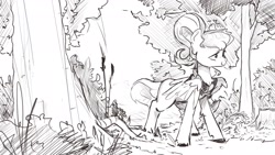Size: 1920x1080 | Tagged: safe, artist:hierozaki, species:pegasus, species:pony, clothing, female, forest, mare, monochrome, scarf, smiling, solo