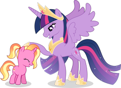 Size: 6147x4500 | Tagged: safe, artist:limedazzle, character:luster dawn, character:twilight sparkle, character:twilight sparkle (alicorn), species:alicorn, species:pony, species:unicorn, absurd resolution, crown, cute, cutie mark, ethereal mane, female, filly, filly luster dawn, galaxy mane, hoof shoes, jewelry, mare, older, older twilight, regalia, simple background, smiling, transparent background, younger