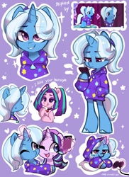 Size: 1280x1760 | Tagged: safe, artist:oofycolorful, gameloft, character:aria blaze, character:starlight glimmer, character:trixie, species:pony, species:unicorn, alternate hairstyle, babysitter trixie, cellphone, clothing, controller, cute, diatrixes, equestria girls ponified, gameloft interpretation, heart, hoodie, hug, joystick, magic, oversized clothes, oversized shirt, phone, pigtails, ponified, purple background, semi-anthro, shirt, simple background, stars, telekinesis, twintails