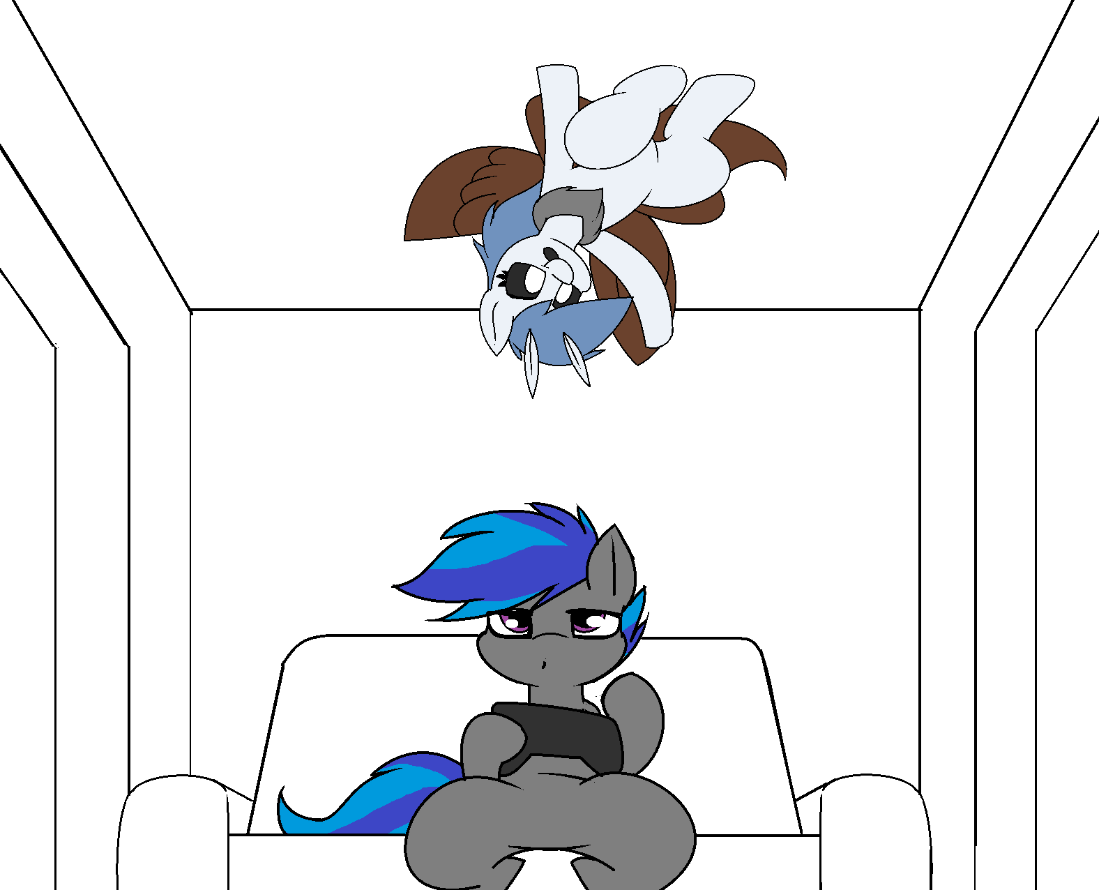 Size: 1576x1276 | Tagged: safe, artist:pencil bolt, oc, oc:billy blue, oc:soffies, species:earth pony, species:mothpony, species:pony, comic:do not fear, animated, breakdancing, dancing, female, gif, insect, male, moth, original species