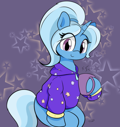 Size: 2042x2158 | Tagged: safe, artist:taurson, gameloft, character:trixie, species:pony, species:unicorn, babysitter trixie, chest fluff, clothing, cute, diatrixes, female, gameloft interpretation, high res, hoodie, hoof hold, mug, solo, stars