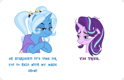 Size: 4000x2596 | Tagged: safe, artist:orin331, derpibooru original, character:starlight glimmer, character:trixie, absurd resolution, alternate hairstyle, babysitter trixie, dick flattening, faec, hooves together, meme, messy mane, simple background, smug, tired, white background