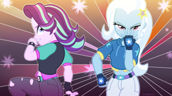 Size: 4000x2237 | Tagged: safe, artist:limedazzle, character:starlight glimmer, character:trixie, my little pony:equestria girls, anime, battle tendency, caesar zeppeli, clothing, fingerless gloves, gloves, jojo pose, jojo's bizarre adventure, joseph joestar, looking at you, looking back, midriff, pants, pose, raised leg, reference, watch
