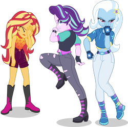 Size: 4579x4560 | Tagged: safe, artist:limedazzle, character:starlight glimmer, character:sunset shimmer, character:trixie, my little pony:equestria girls, absurd resolution, anime, battle tendency, belt, blue eyes, blue skin, boots, clothing, eyes closed, facepalm, female, fingerless gloves, gloves, jeans, jojo reference, jojo's bizarre adventure, open mouth, pants, pose, purple eyes, purple skin, raised leg, reference, shoes, shorts, simple background, sunset shimmer is not amused, transparent background, unamused, watch, yellow skin