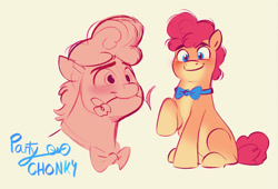 Size: 1603x1087 | Tagged: safe, artist:imalou, oc, oc only, oc:party chonky, species:earth pony, species:pony, bow tie, flower, flower in mouth, male, mouth hold, pale belly, simple background, smiling
