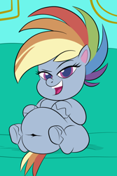 Size: 720x1080 | Tagged: safe, artist:scobionicle99, character:rainbow dash, species:pegasus, species:pony, my little pony:pony life, belly, belly button, big belly, couch, couch potato, fat, female, hoof on belly, rainblob dash, sitting, smug, solo, underhoof, unshorn fetlocks