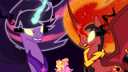 Size: 4000x2250 | Tagged: safe, artist:orin331, edit, character:luster dawn, character:midnight sparkle, character:sunset satan, character:sunset shimmer, character:twilight sparkle, species:alicorn, species:pony, episode:a royal problem, g4, my little pony: friendship is magic, my little pony:equestria girls, alicornified, blank eyes, corrupted, dark magic, demon, equestria girls ponified, glowing eyes, magic, midnight sparkle, midnightsatan, ponified, princess midnight, race swap, sunset satan