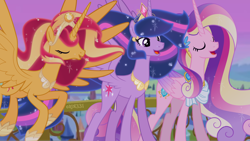 Size: 4000x2250 | Tagged: safe, artist:orin331, edit, character:princess cadance, character:sunset shimmer, character:twilight sparkle, character:twilight sparkle (alicorn), species:alicorn, species:pony, episode:the last problem, episode:twilight's kingdom, g4, my little pony: friendship is magic, alicornified, alternate universe, cutie mark, eyes closed, female, mare, older, older princess cadance, older sunset, older twilight, princess twilight 2.0, race swap, shimmercorn, trio, ultimate cadance, ultimate twilight, you'll play your part