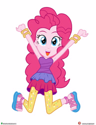 Size: 3090x4000 | Tagged: safe, artist:dieart77, character:pinkie pie, my little pony:equestria girls, bare shoulders, commission, cute, diapinkes, feet, female, jumping, open mouth, simple background, sleeveless, solo, strapless, white background