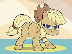 Size: 1440x1080 | Tagged: safe, artist:scobionicle99, character:applejack, species:earth pony, species:pony, my little pony:pony life, applebutt, ass up, butt, featureless crotch, female, mare, plot, presenting, smiling, smirk, solo