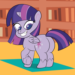 Size: 1080x1080 | Tagged: safe, artist:scobionicle99, character:twilight sparkle, character:twilight sparkle (alicorn), species:alicorn, species:pony, my little pony:pony life, butt, female, folded wings, looking back, mare, plot, smiling, solo, twibutt, wings