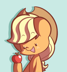 Size: 1091x1161 | Tagged: safe, artist:typhwosion, character:applejack, species:earth pony, species:pony, :d, apple, bust, clothing, cute, female, food, freckles, hat, hoof hold, jackabetes, mare, profile picture, smiling, solo, that pony sure does love apples