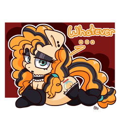 Size: 1500x1500 | Tagged: safe, artist:lou, character:pear butter, species:earth pony, species:pony, ..., clothing, dialogue, ear piercing, eyeshadow, female, goth, highlights, lipstick, makeup, mare, piercing, prone, socks, solo