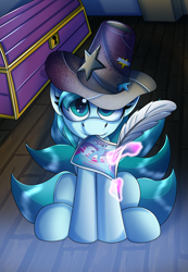 Size: 1700x2460 | Tagged: safe, artist:elmutanto, character:trixie, oc, oc:ambient waves, species:pony, species:unicorn, cardboard, chest, feather, female, filly, flier, flyer, magic, magic aura, multi-tailed, multitail, poster, solo