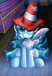 Size: 1700x2460 | Tagged: safe, artist:elmutanto, character:trixie, oc, oc:ambient waves, species:pony, species:unicorn, cardboard, chest, feather, female, filly, flier, flyer, magic, magic aura, multi-tailed, multitail, poster, solo, traffic cone