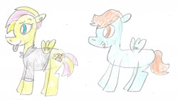 Size: 1570x885 | Tagged: safe, artist:ptitemouette, oc, oc only, oc:fire thunder, oc:flash light, parent:fluttershy, parent:spitfire, parents:spitshy, species:pegasus, species:pony, duo, ear piercing, earring, female, jewelry, magical lesbian spawn, male, mare, offspring, piercing, stallion, tongue out, traditional art